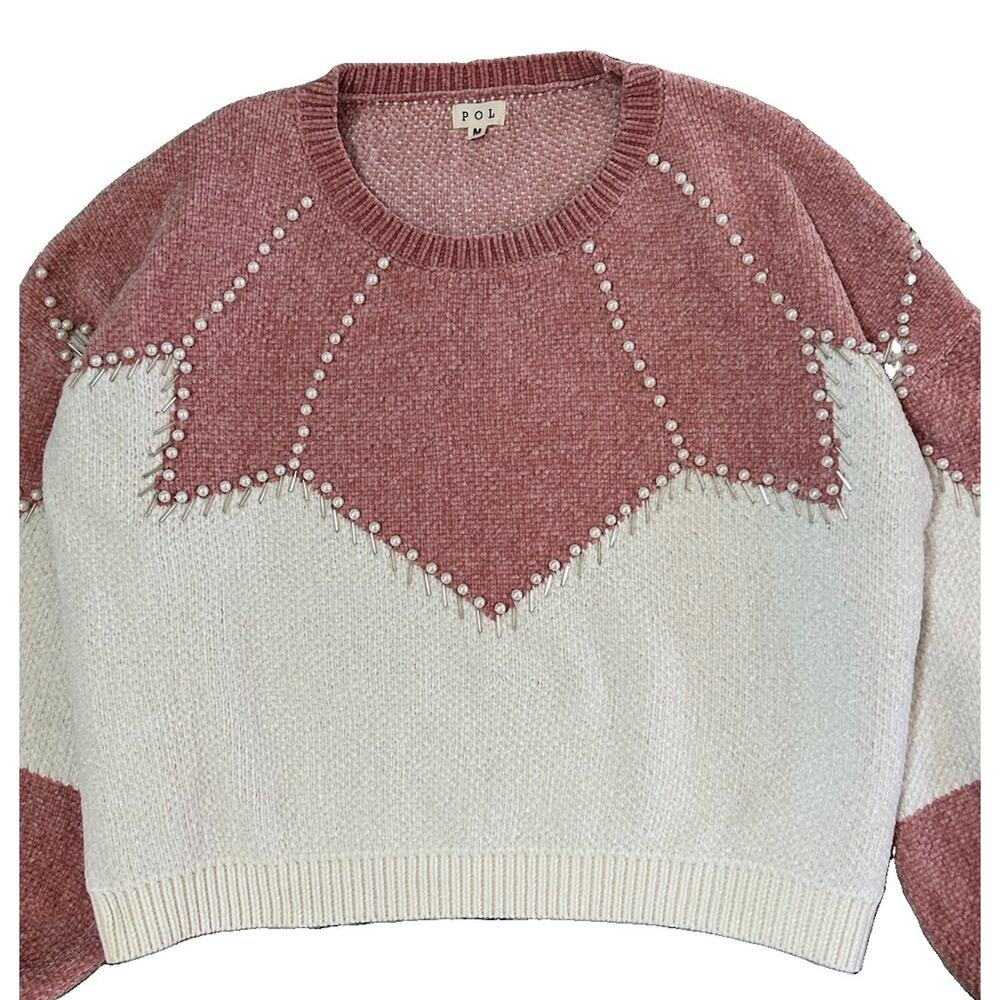 POL Pink White Knit Women’s Sweater Beaded Pearl Details Size M - Picture 2 of 8